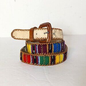 Vintage Leather Sarape Embroidered Guatemalan Belt Boho Rainbow Festival